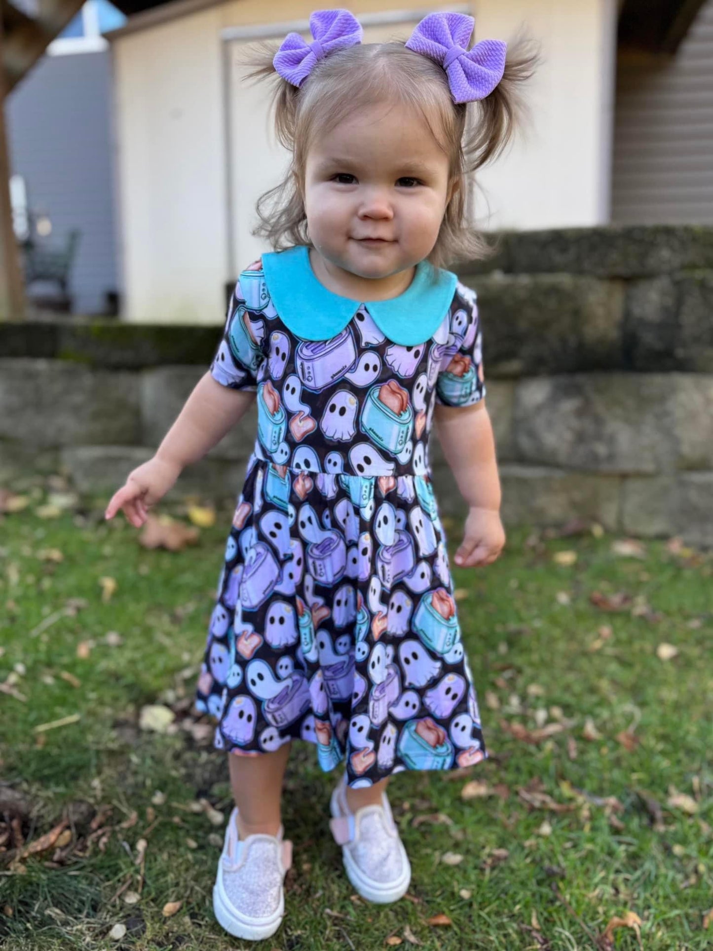 Light Toast, Blue Ghost Collared Twirl Dress