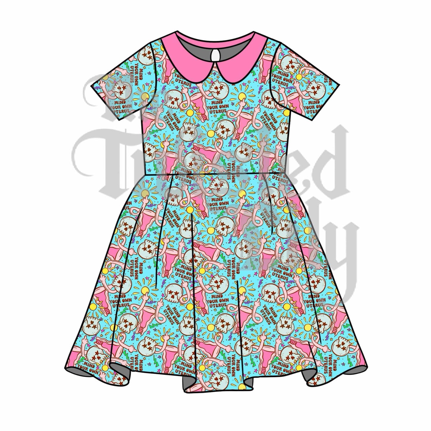 Pink Mind Your Own Uterus Collared Twirl Dress
